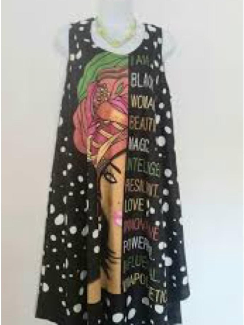 Black Graphic Polka Dot Tank Dress with Colorful Headwrap